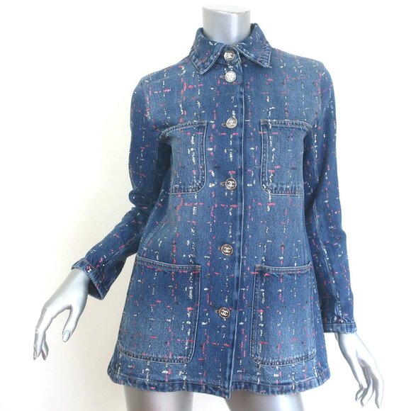 Chanel 23A Sequined Denim Jacket Blue Cotton Size 38 NEW - Picture 1 of 13